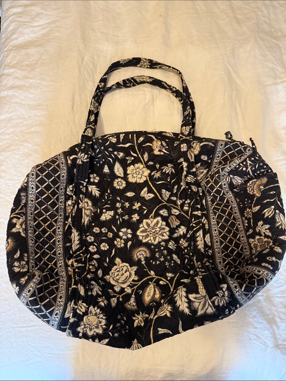 Vera Bradley Black and Cream Quilted Floral Weekender Duffle Bag